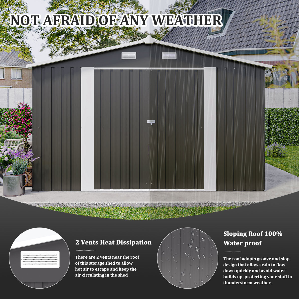 Campcraft Outdoor Storage Shed 10x14 FT With 3 Lockable Doors,4 Air Vents & Sloped Roof,Utility Tool Shed Metal Storage Garden Sheds Frame And 4 Vents,for Backyard,Patio,Lawn,dark Grey