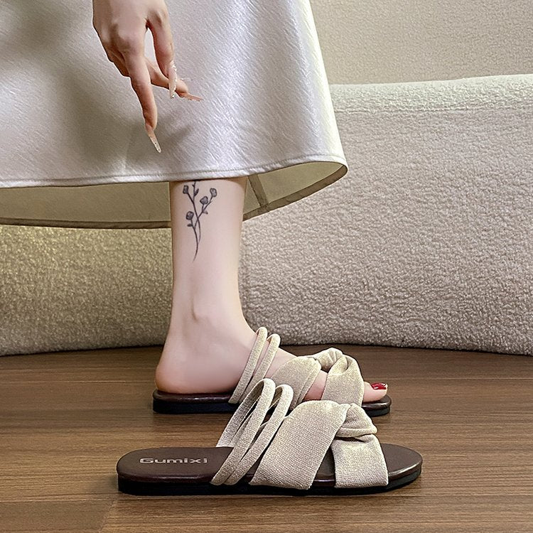 Korean Style Design Retro Hong Kong Style Cool Slippers For Women's Summer Outerwear With Flat Bottom And Soft Sole