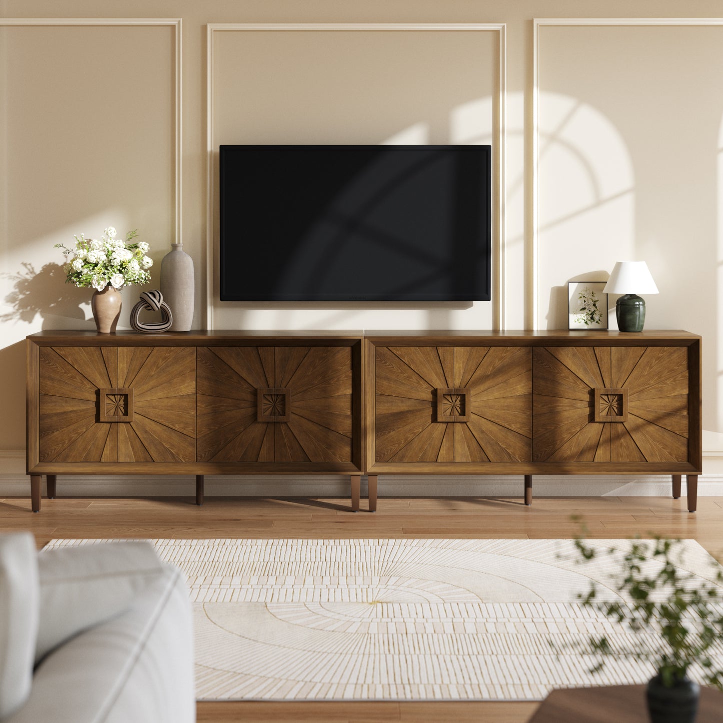 60 Premium Rustic American Farmhouse Credenza - Symmetrical Sunburst Door Design, Heavy-Duty Antique Wood TV Stand With Adjustable Shelves, Storage Cabinet For Living Room Kitchen Antique Brown