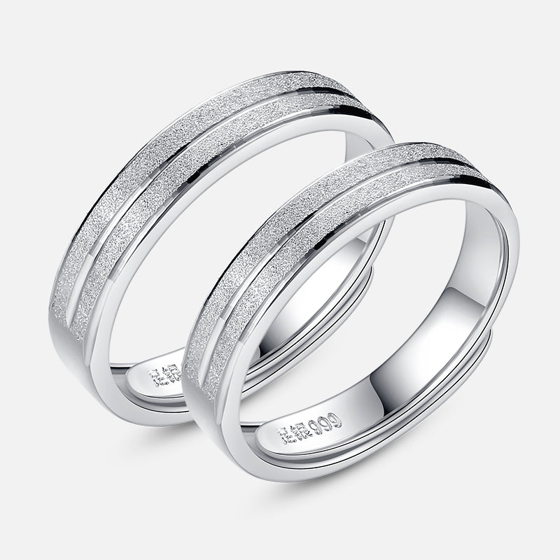1 Pair 999 Sterling Silver Dual Groove Frosted Couple Rings, Minimalist Sleek Style, For Daily Wear & Wedding Gifts