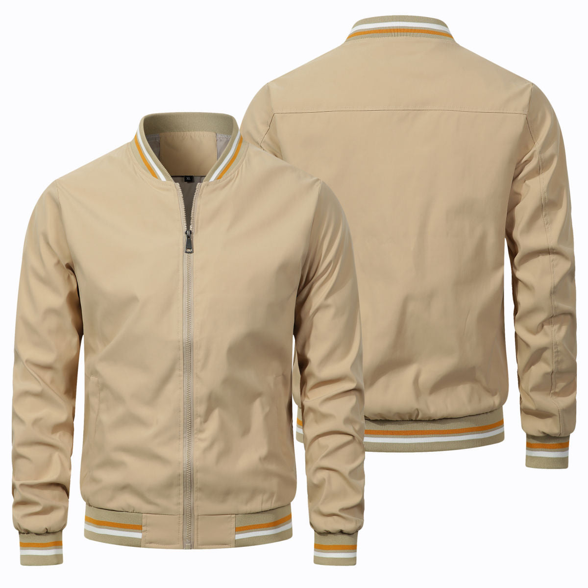Men's Classic Striped Rib Cuff Bomber Jacket Casual Zip Up Lightweight Windproof Baseball Jacket Solid Black Outdoor Daily Wear Coat