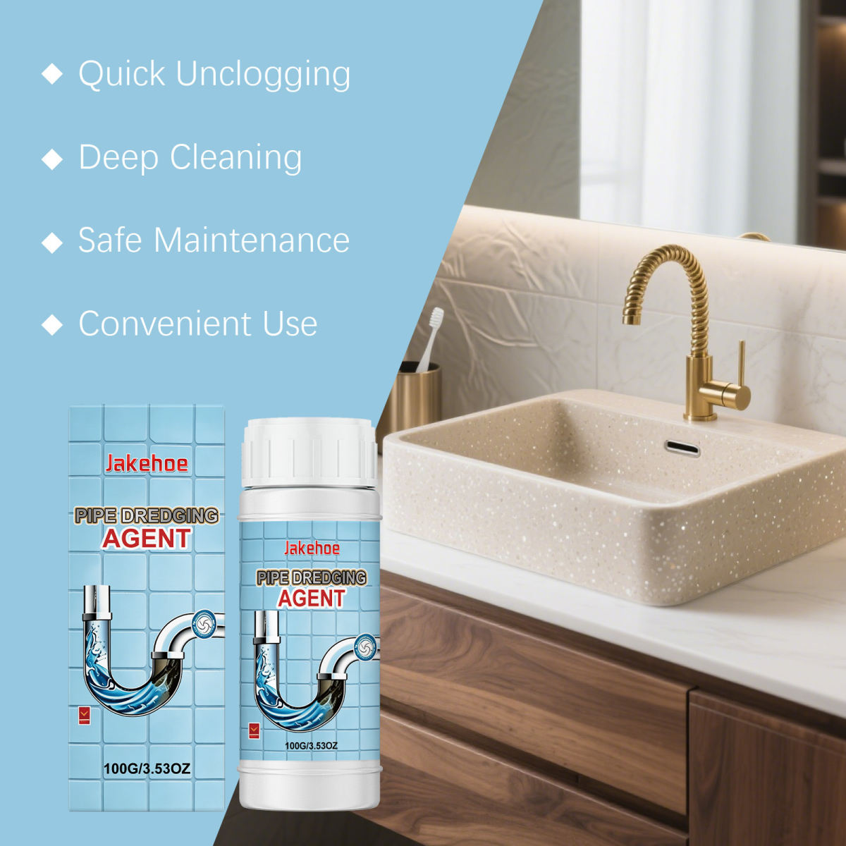 JAKEHOE Drain Cleaner For Household Kitchen And Bathroom Drains, Removes Stains And Scale, Decomposes Debris And Cleans