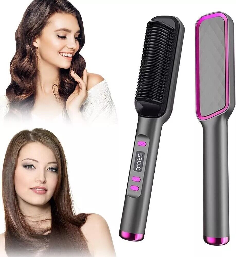 2in1 Negative-ion Hair Straightener Brush Curling Salon Styling Comb Ceramic New--Grey