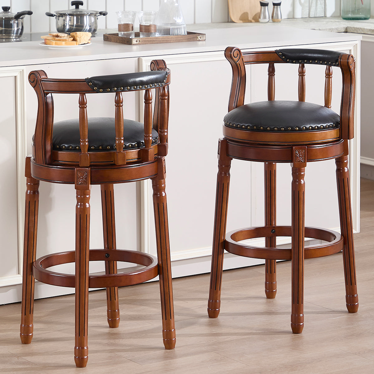 Cow Top Leather Wooden Bar Stools, 360 Degree Swivel Bar Chair With Backs,Bar Height Couner Height Barstools For Home Kitchen Dining Room And Bar Room
