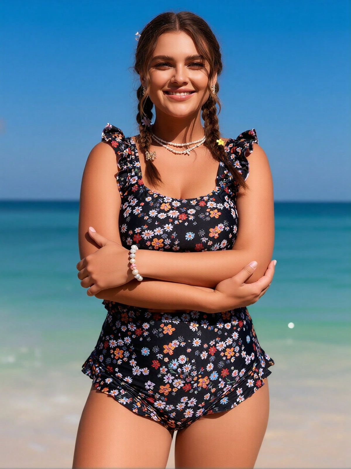2026 New Plus Size Women's Sexy Fashion Black Floral Ruffled Two-Piece Boyleg Swimsuit For Vacation & Leisure