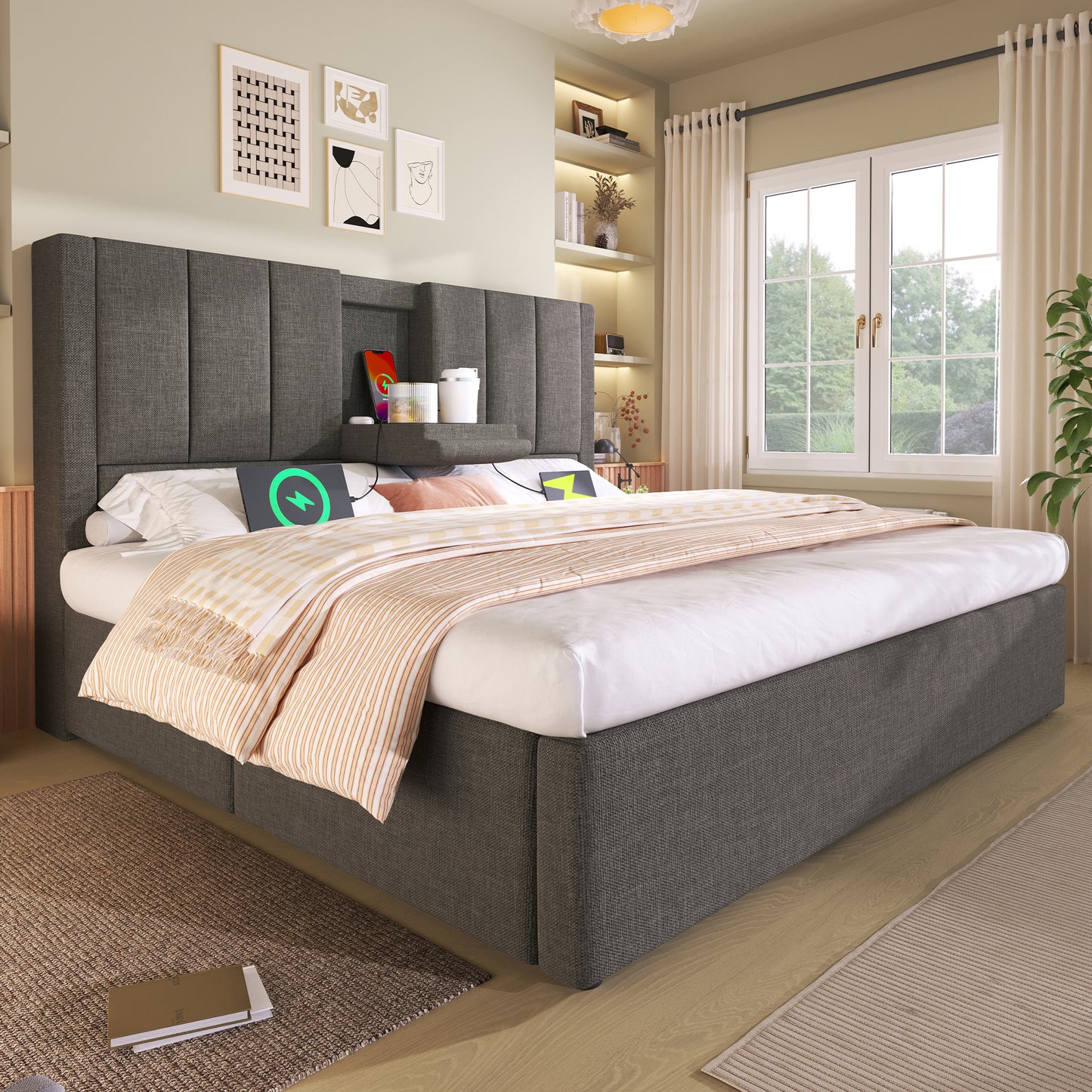 Upholstered Bed 160x200 Cm Double Bed With Hidden Cup Holder & Charging Station, Hydraulic Bed With Storage Space Under The Bed, Incl. Slatted Frame, Linen Grey Without Mattress