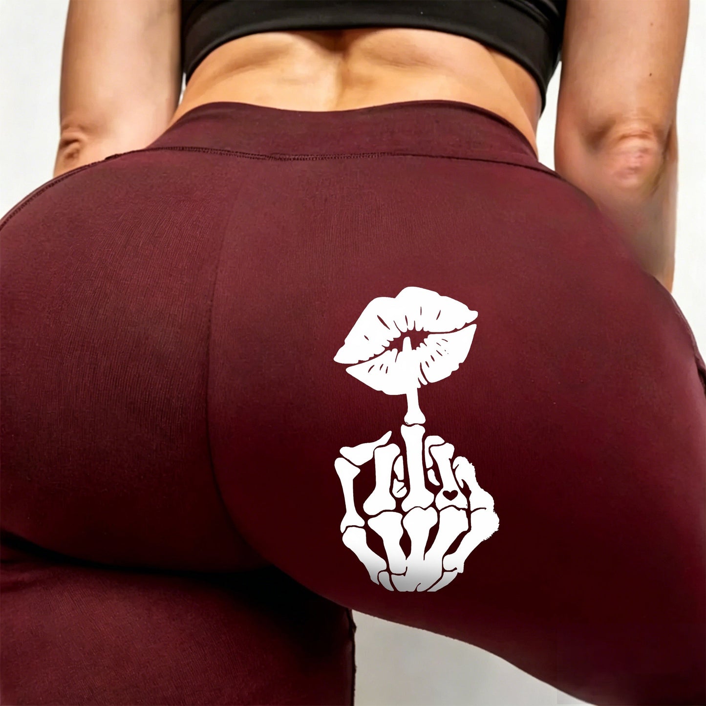 Yoga Pants With Skeleton Finger & Kiss Graphic For Active Women