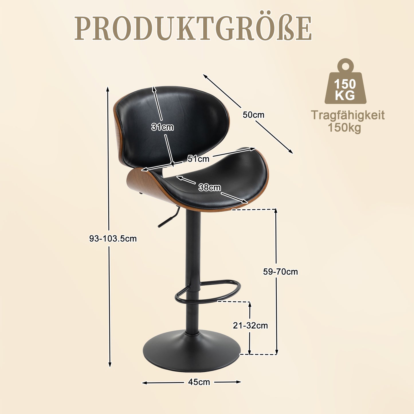 Swivel Bar Stools, Set Of 2, Height Adjustable Bar Stools In Curved Wood, Bar Chair With PU Leather Cover, Ergonomic Backrest And Footrest, For Bar, Kitchen Island At Home Black PU Leather