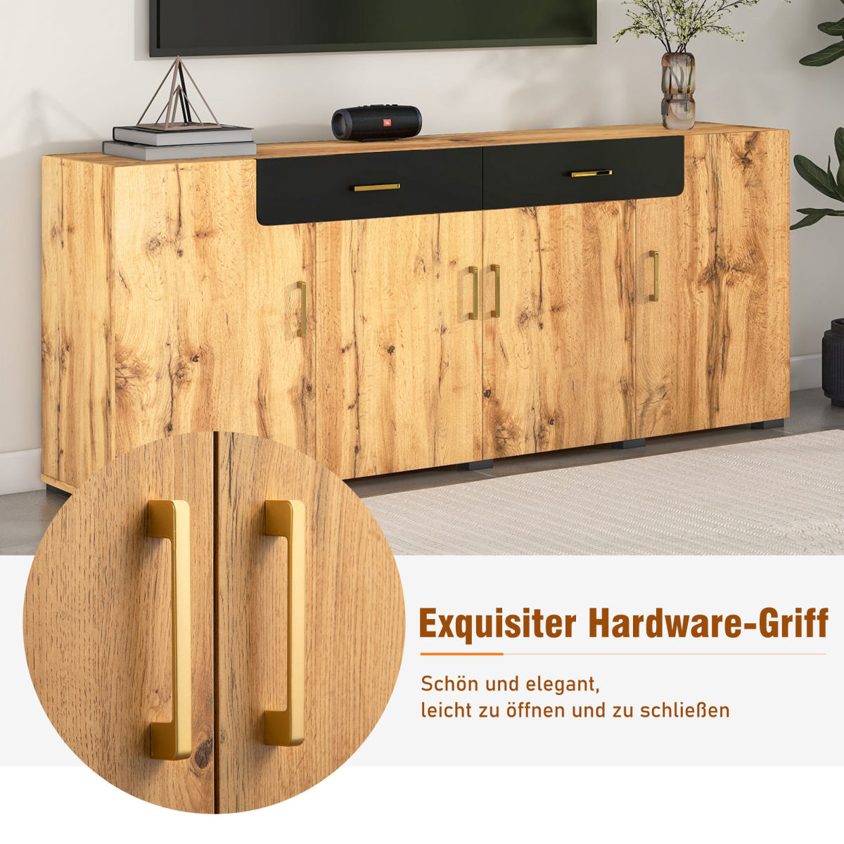 Sideboard, Kitchen Cabinet, Storage Cabinet, 208 X 39.5 X 80 Cm, Unit With 4 Doors And 2 Drawers, Sideboard Buffet