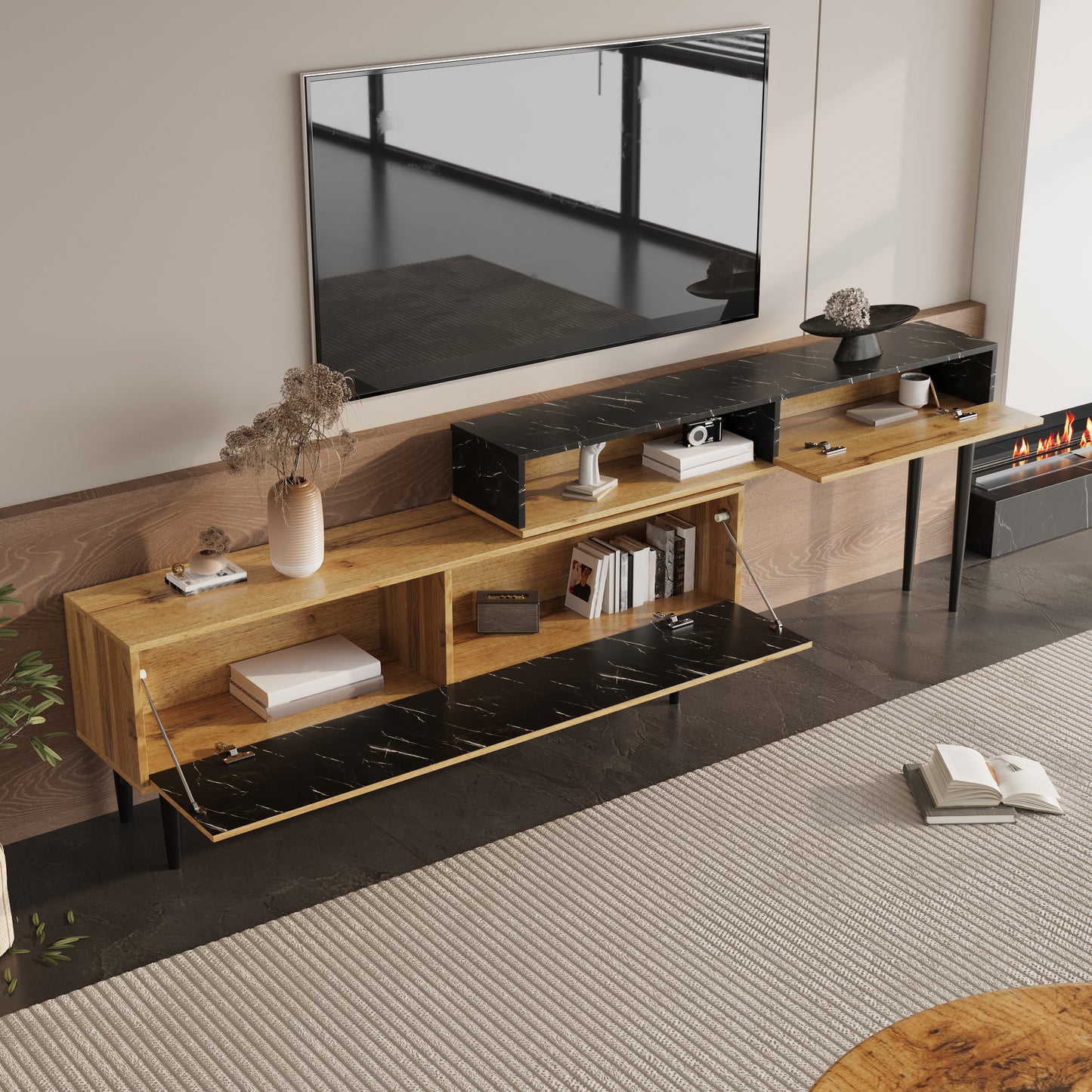 Modern TV Stand With Marble And Wood Grain Design, PVC Edge, Iron Legs, Dark Wood Color, Home Decoration, Space-saving, Durable And Long-lasting