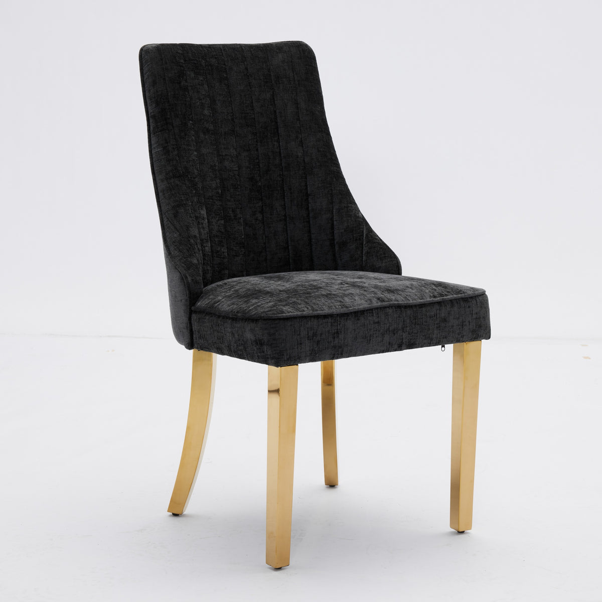Rayon Cloth Flocking Chenille Dining Chairs Channel Kitchen Dinner Chair Comfy Fabric Upholstered Accent Chair For Dining Room With Golden Stainless Steel Plating Legs,Set Of 2 Black , DE1647BK