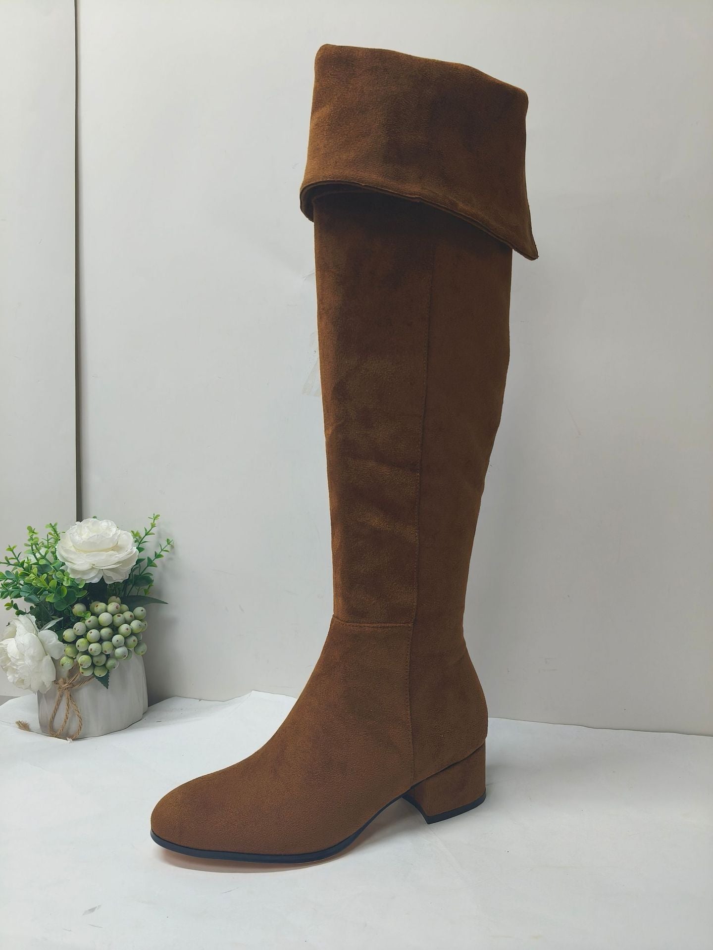 Above-the-knee Fashion Boots European And American Style Round Toe Mid-height Chunky Heel