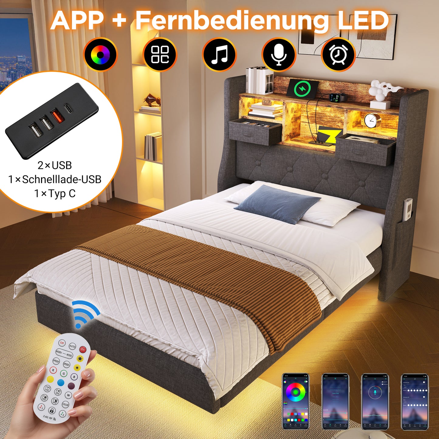 Upholstered Bed 90x200 Cm Floating Bed With LED Lighting, Headboard And Charging Station 1 Type-C, 3 USB Ports , Modern Single Bed With Storage Headboard And Slatted Base, Linen, Grey Without Mattress
