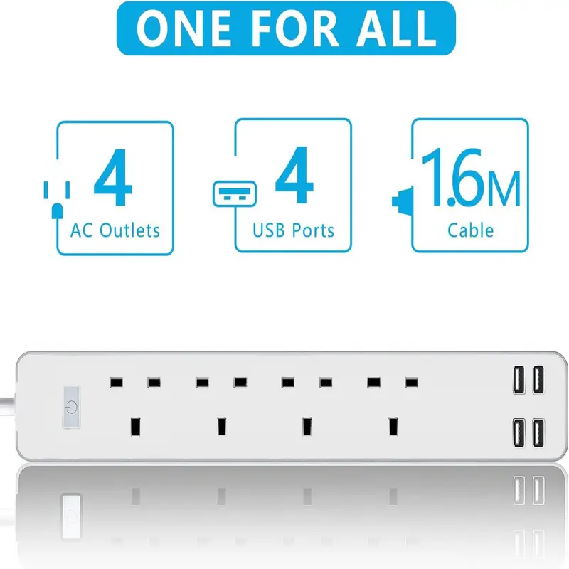 4-Socket Extension Lead With 4 USB 3.4A Smart Fast Charging Total Control 13A 3120W 1.6m Cord Fireproof PC & ABS UK