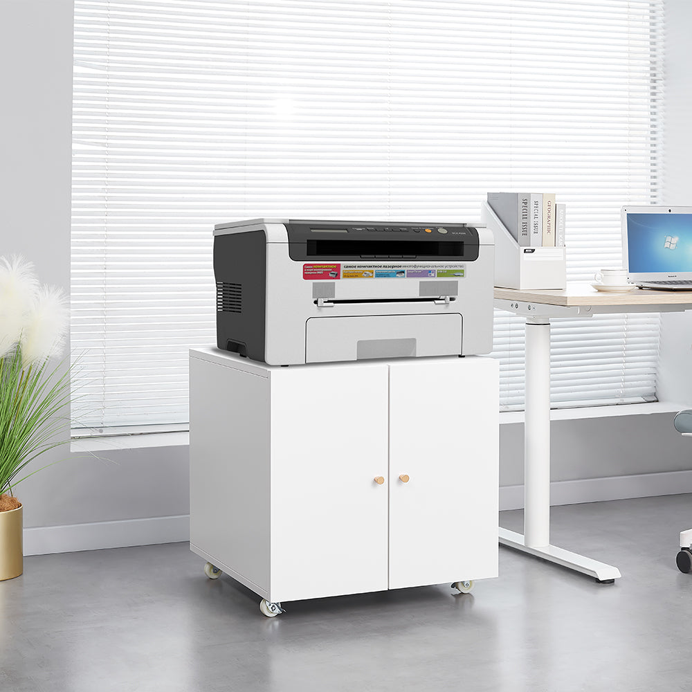 White Metal Mobile Printer Cabinet With Door And Adjustable Shelf, Rolling File Cabinet For Home Office & Small Spaces