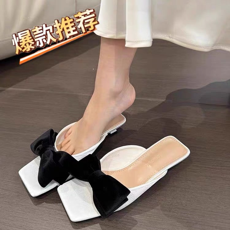 Women's French Bow Sweet Square Toe Slide Sandals, Summer Outdoor Wear Anti-Slip Thin Low Heel Mules, Match With Dresses