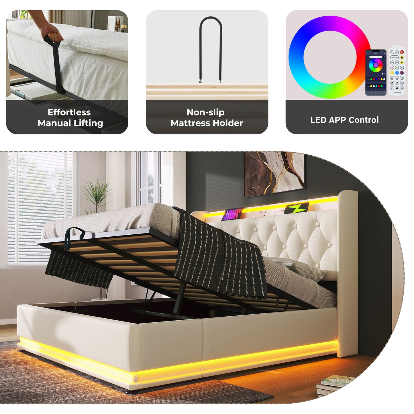 Upholstered Double Ottoman Bed With 360 Surround Led Function,Hydraulic Storage Bed Frame With Large Storage Space, 4ft6 Double Bed Frame With Charging Function,135 X190 ,PU, White
