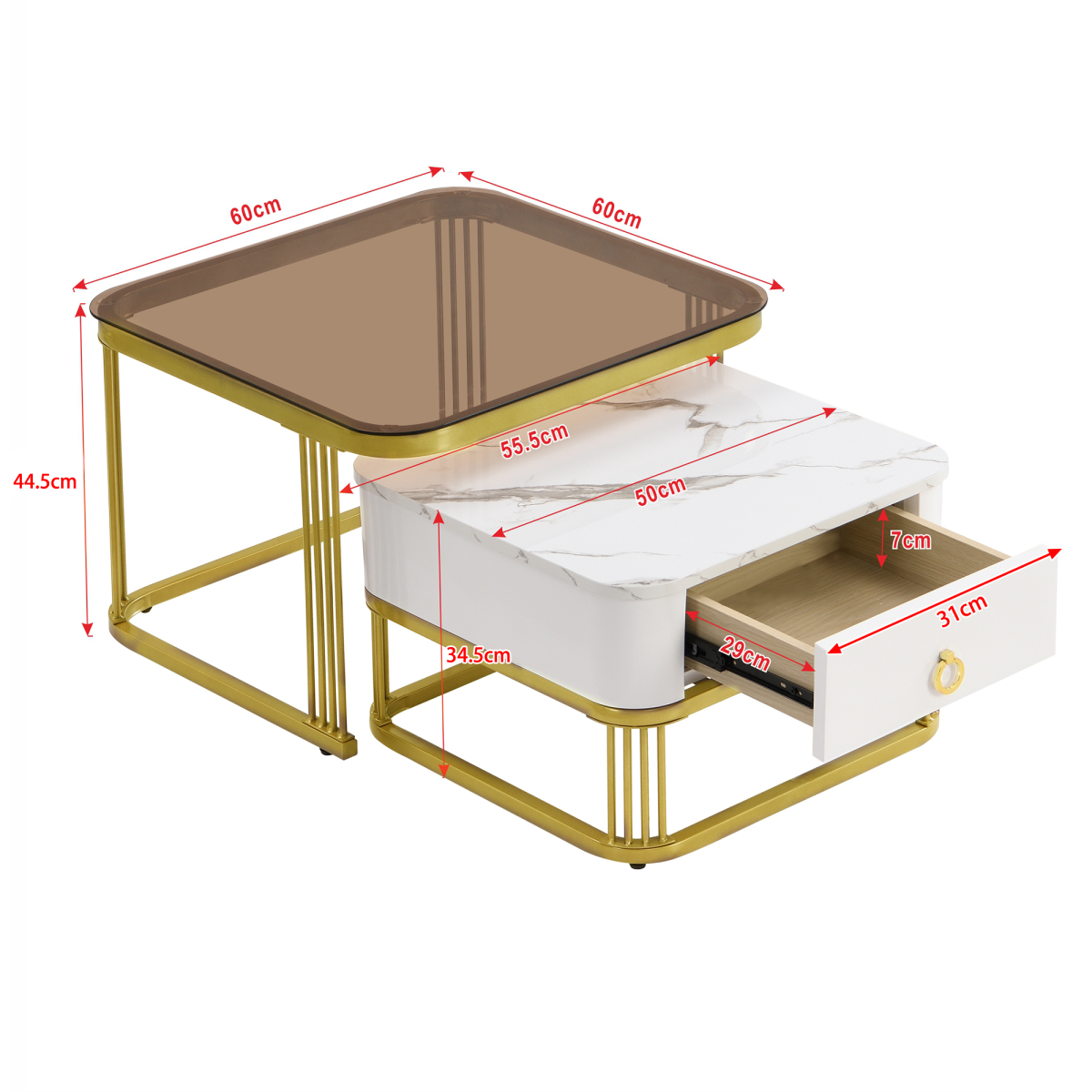 Stackable Coffee Table High-gloss Marble Look And Tea Brown Glass Top, Gold Accents, Side Table With Drawers. Two-piece Set