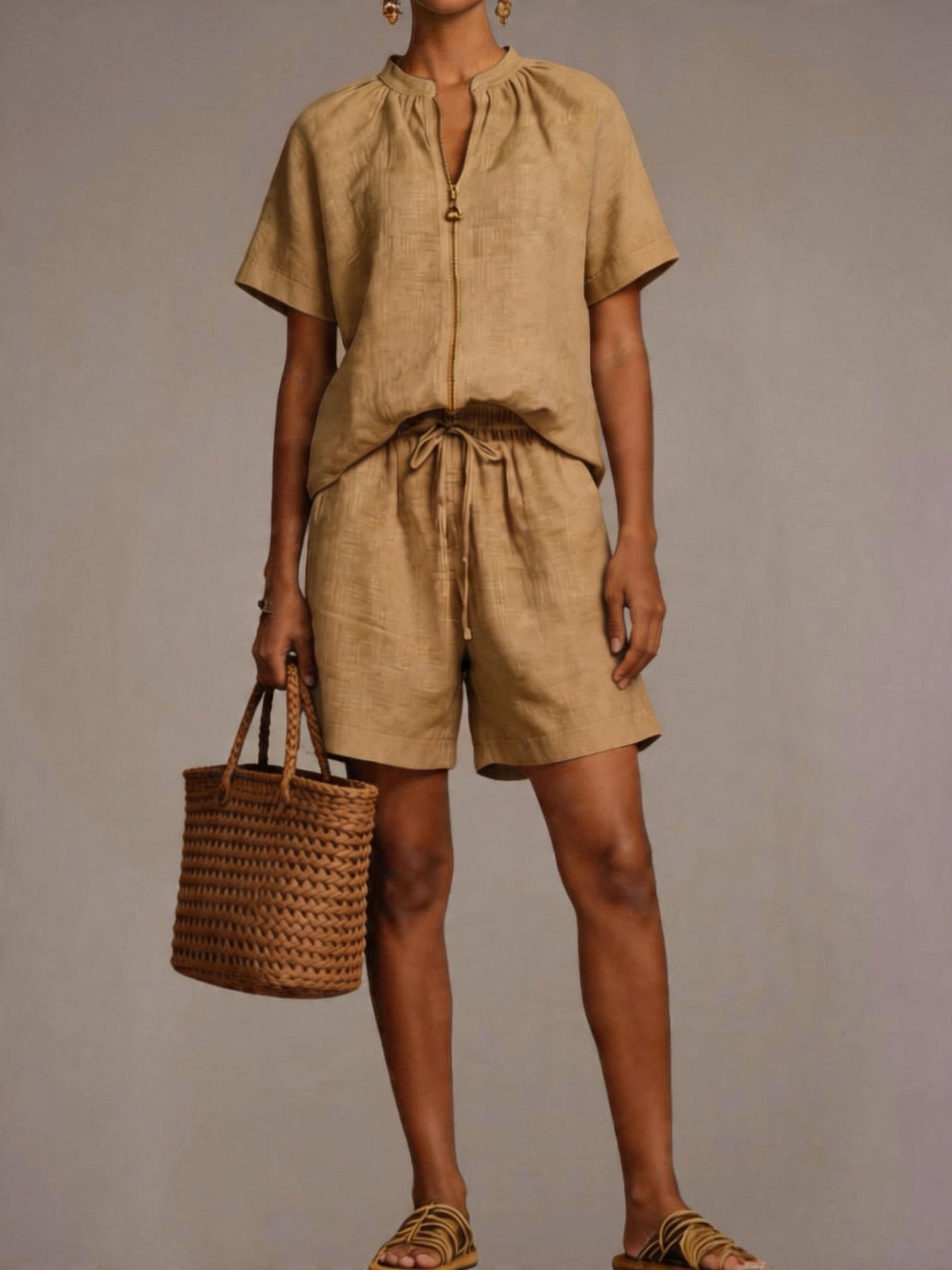 Summer New Solid-color Cotton-linen Short-sleeve Shorts Set