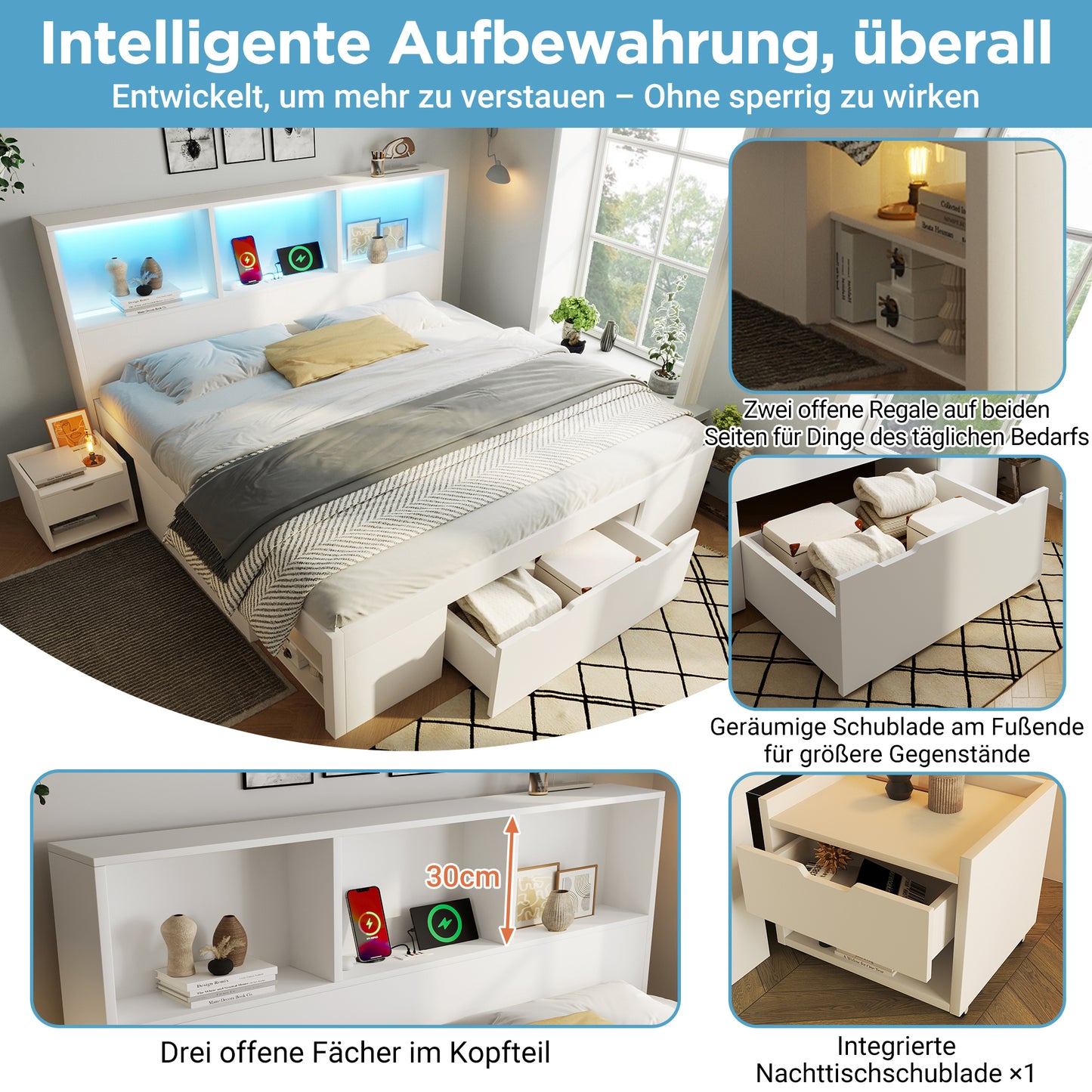 Functional Bed 90x200 Cm White With Storage Space And A Movable Bedside Table 1 Piece , Single Bed Wood With LED Lighting USB-C Charging Function, Youth Bed With Drawers And Shelves, Without Mattress