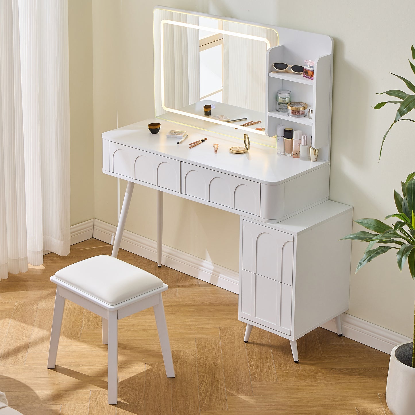 Modern Makeup Vanity Desk With LED Lights & Mirror, 4 Drawer Dressing Table Set With Stool, 3 Colors Dimmable Brightness, Space-Saving For Bedroom, White