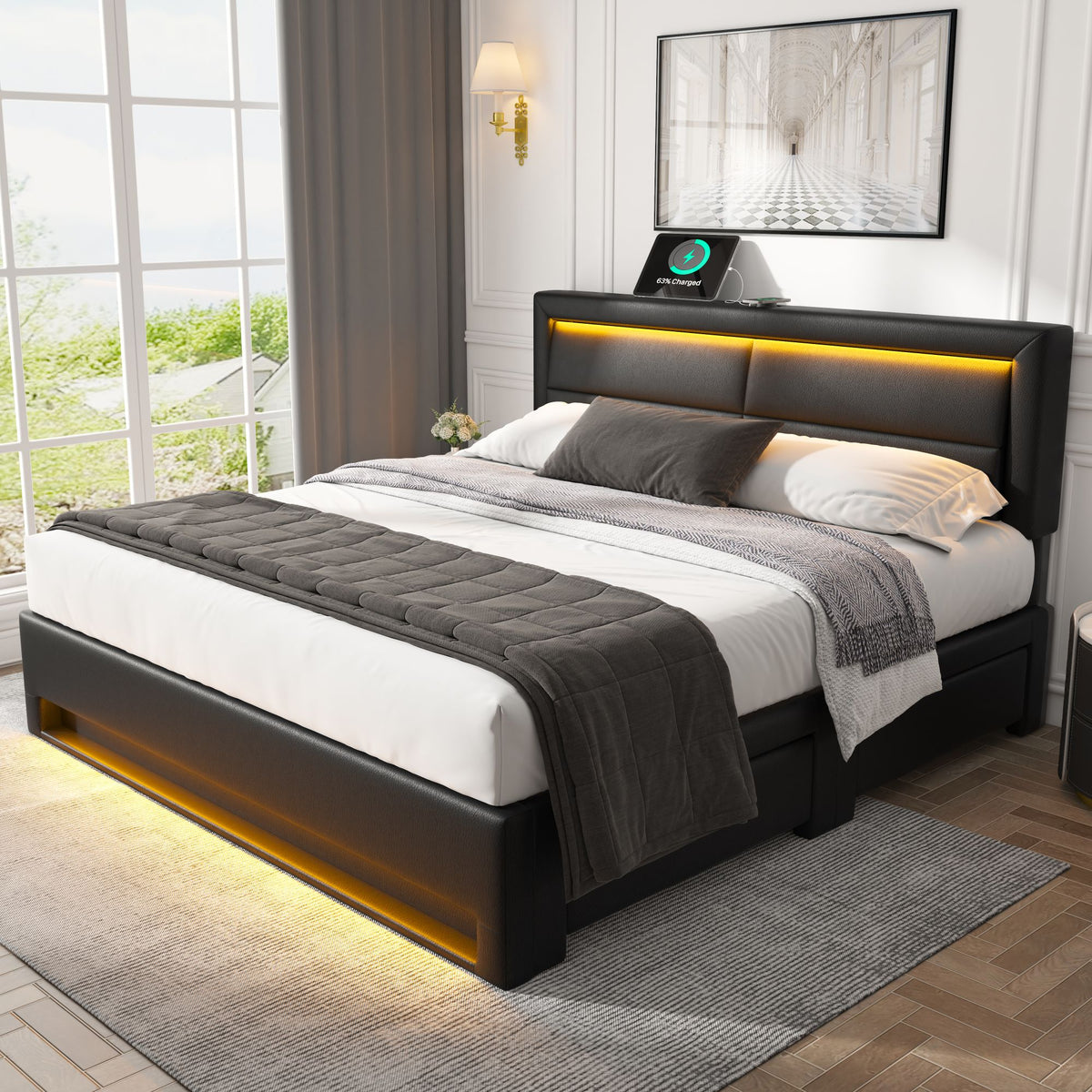 Upholstered Bed 140 X 200 Cm, With USB Port Supports Wireless And Wired Charging , With LED Lighting And Four Drawers, Without Mattress, PU Lychee Pattern, Black OLD SKU 3256256AAS