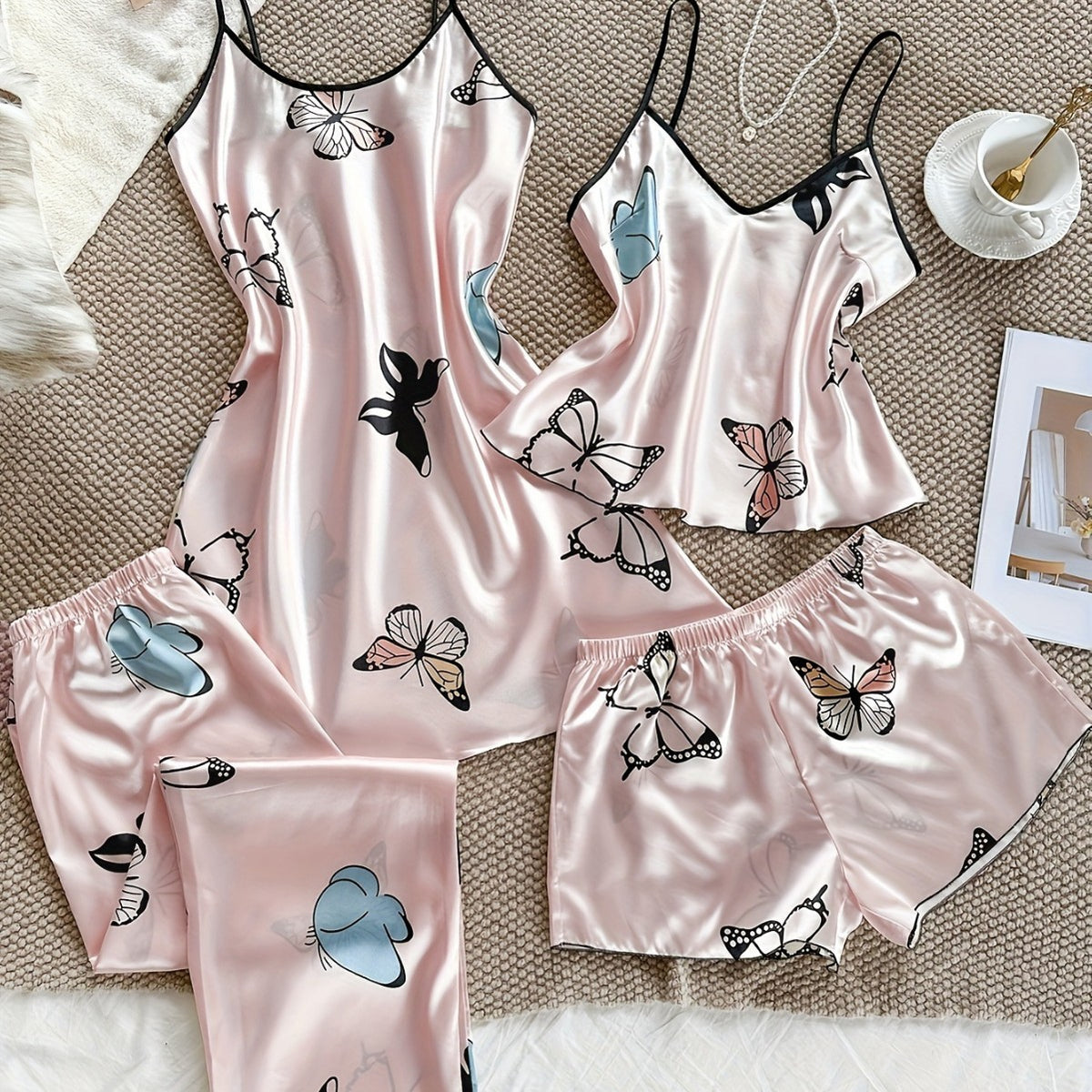 Butterfly-print Loungewear Set Four-piece Home Set Fashionable Casual Womens Pajamas