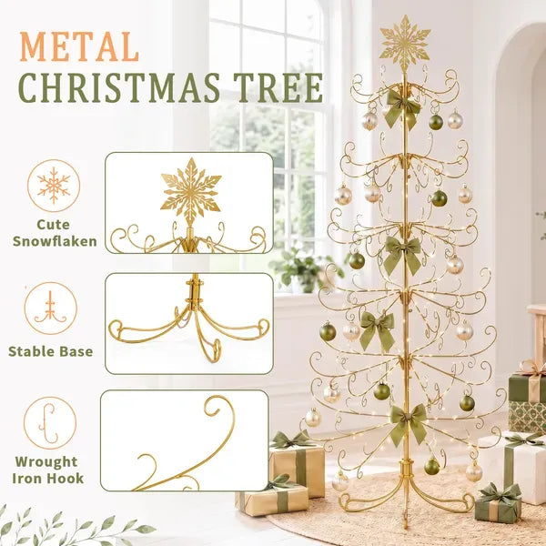 6ft Gold Iron Christmas Tree With Snowflake Top, PVC Everyday Decor Tree (No Accessories Included)