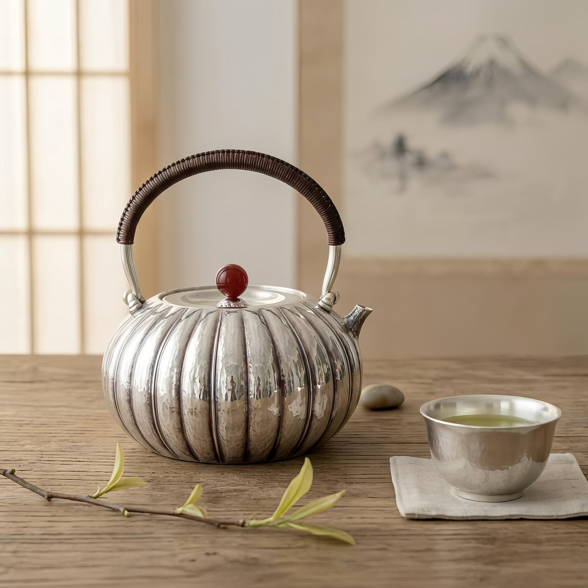 Pure 999 Fine Silver Hand-Hammered Silver Teapot with Ribbed Body and Red Agate Finial - Handicraft