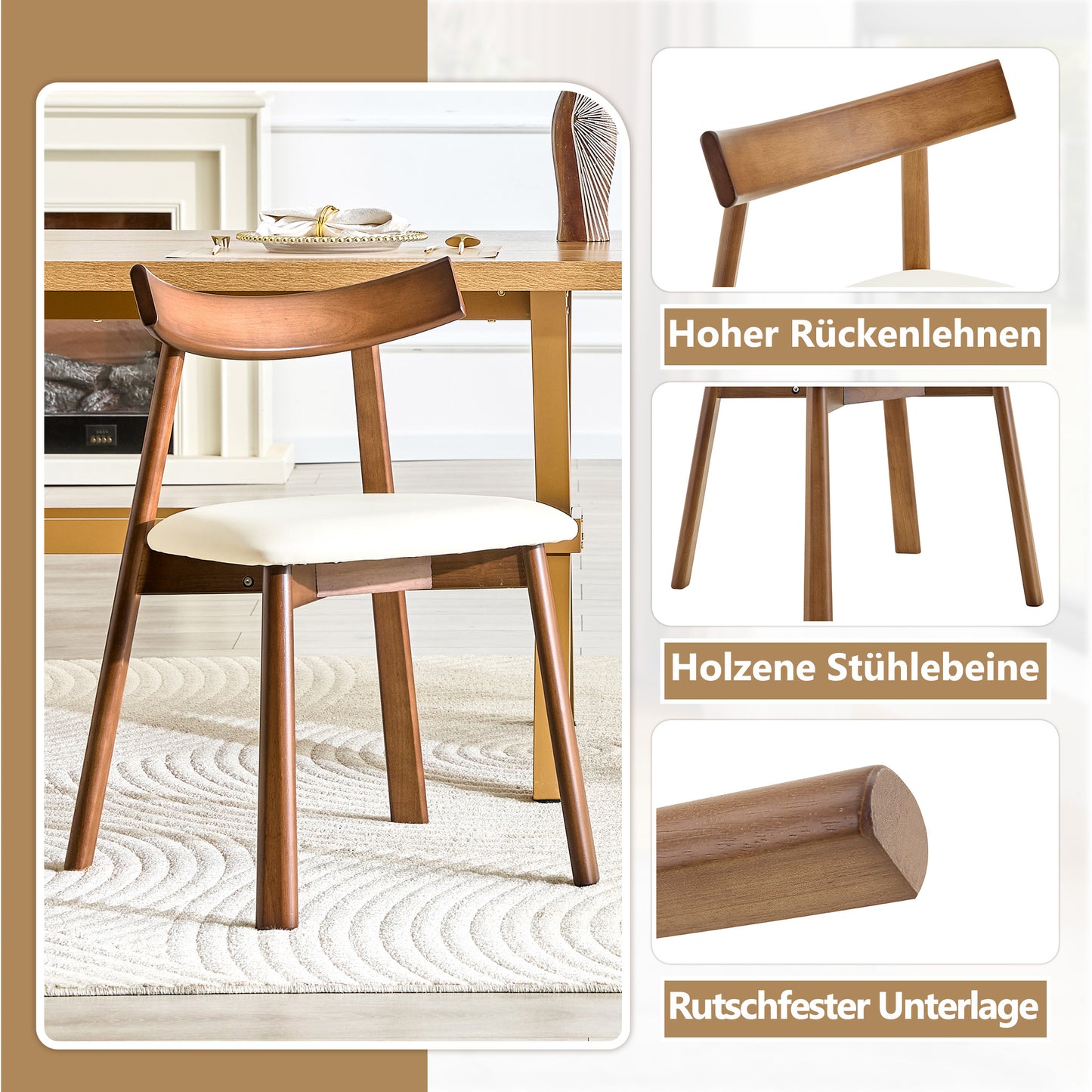 Set Of 2 Dining Chairs With Wooden Frame, Upholstered Kitchen Chairs With Ergonomic Backrest, Modern Wooden Chairs For Dining Room Living Room, Only Chairs Without Table