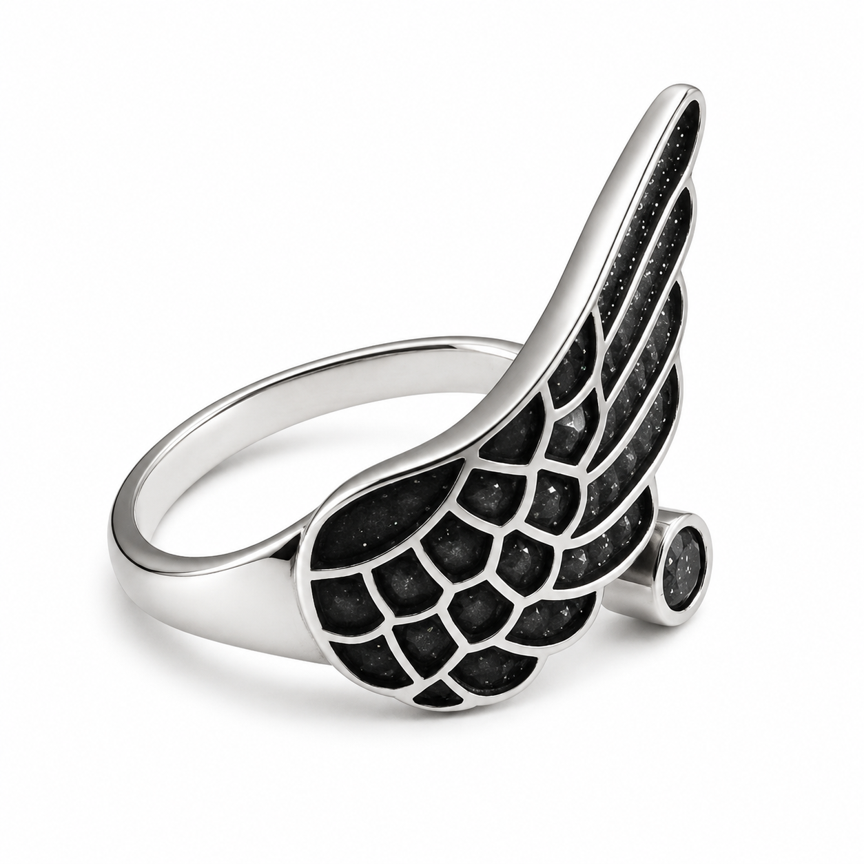 Angel Wing Black Sandstone Inlay Open Adjustable Ring For Men Women, Copper Plated Silver Vintage Gothic Biker Statement Daily Jewelry Gift