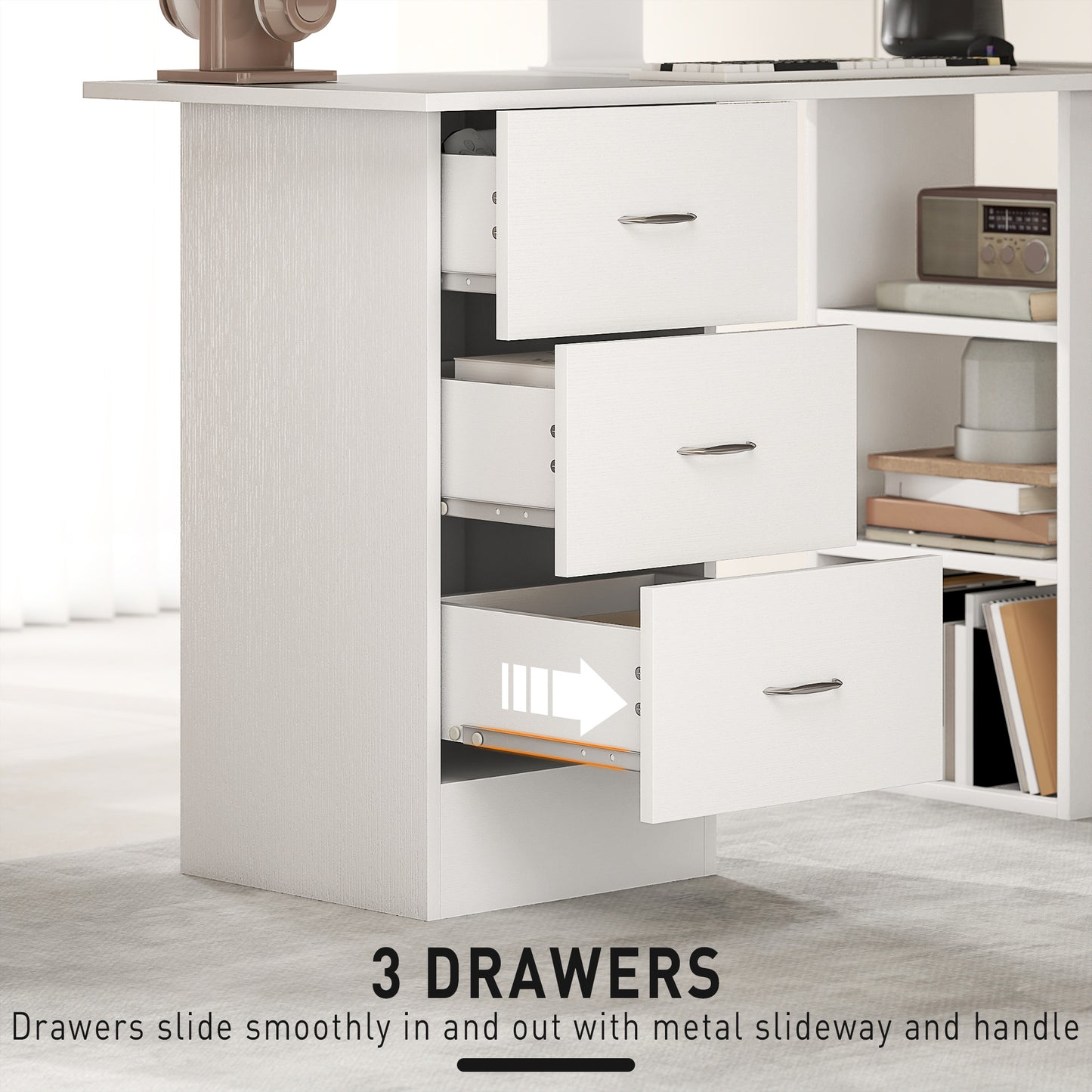 Computer Desk, Writing Table, PC Workstation With 3 Storage Shelves And Drawers, Silver Handle, For Home Office, White