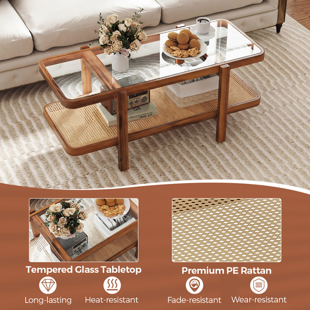 2-Tier Coffee Table With Storage And Tempered Glass Tabletop PE Rattan Anti-fading, Tear-proof For Office, Waiting Room, Or Reception Room