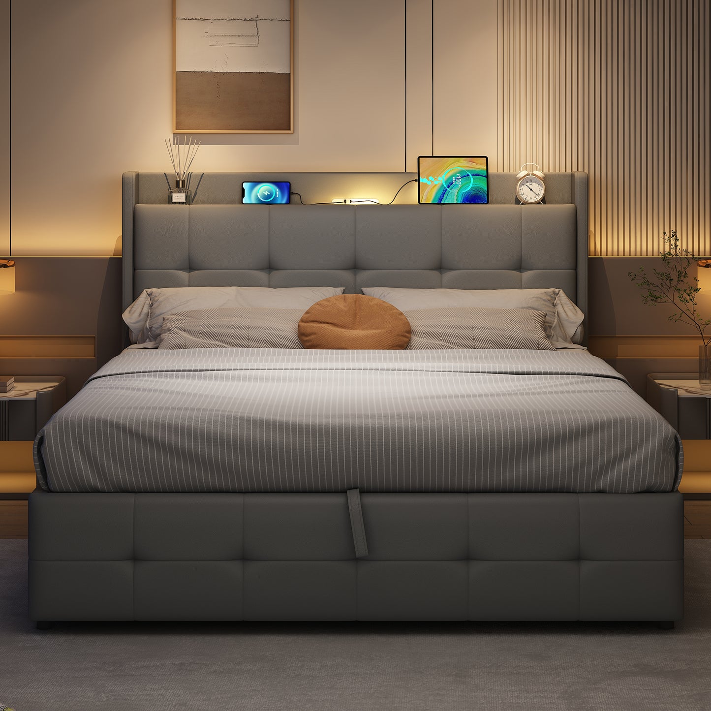 5ft King Upholstered Bed Frame With Hydraulic Storage, PU Leather Ottoman Bed With Concealed Headboard Storage, Double Bed With Charging Station And LED Night Light, Grey No Mattress