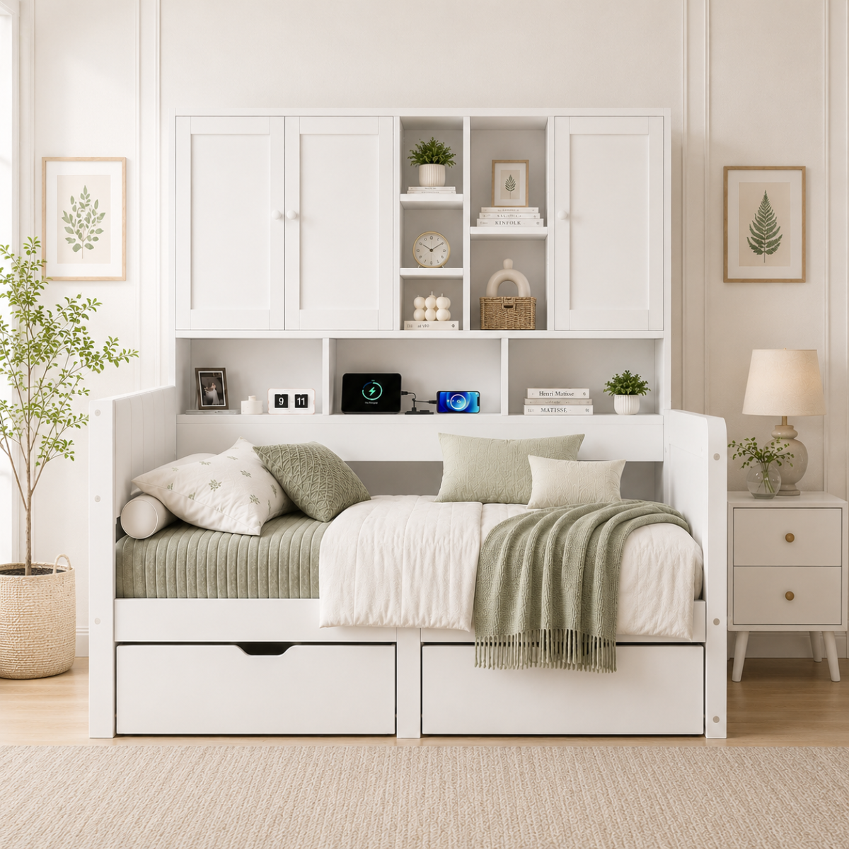3FT Single Kids Storage Bed 90 X 190cm, White Multifunctional Bed With Overbed Cabinets, 2 Drawers, RGB LED, USB Charging Station & PU Headboard