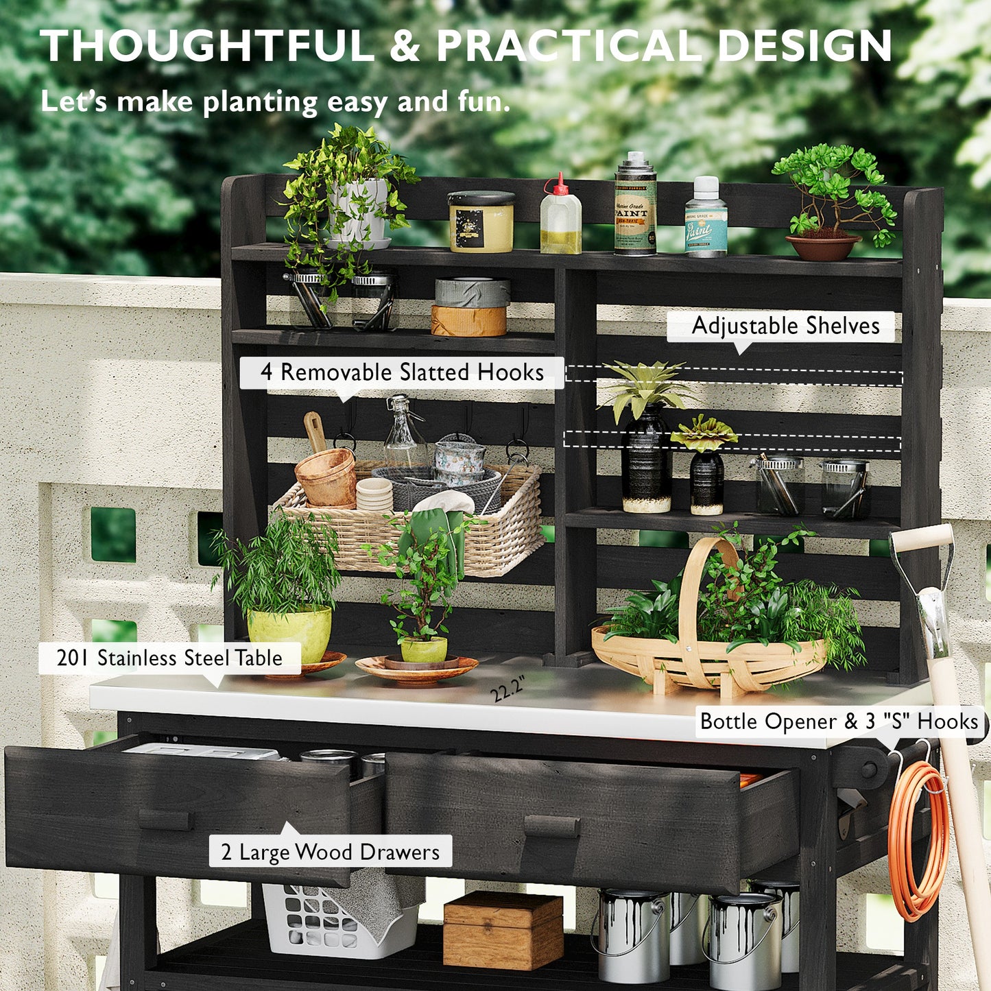 K&K 64.9 H Outdoor Potting Bench Table With Lockable Wheels, Solid Wood Outdoor Kitchen Island With Upper Hutch, Stainless Steel Top, Towel Rack ,Outdoor Storage For Grilling, Lawn Garden Black