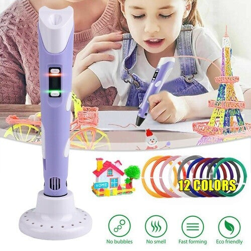 3D Printing Pen Set Doodle PLA Filament Printer Drawing 12 Colours Kids Gift UK----Pink Pen-36m PLA Filaments