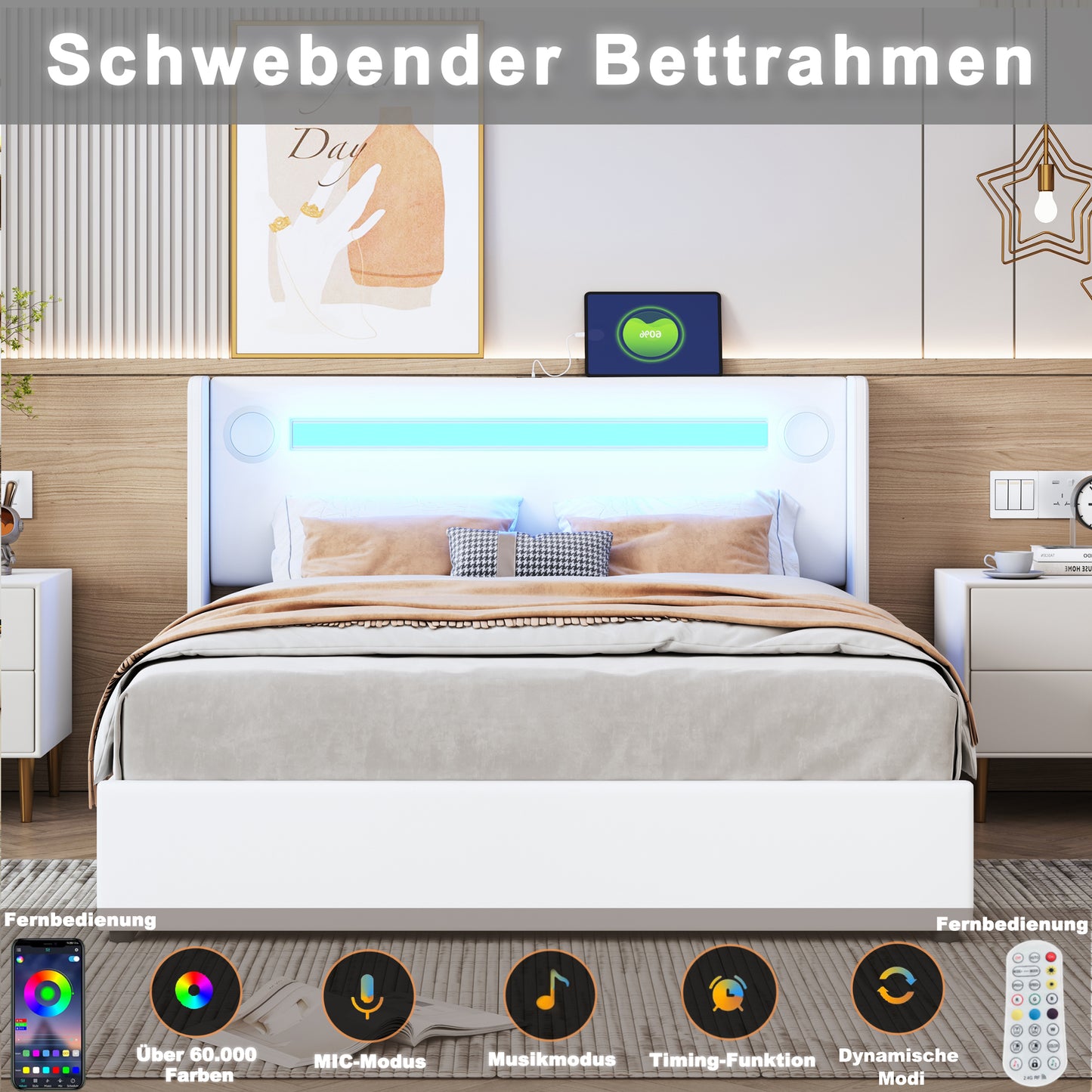 Upholstered Bed 160x200 Bed With LED Light Strip, Bluetooth Player And USB Charging, Storage Bed Made Of PU Leather, Loft Bed Box, Double Bed With Slatted Base White