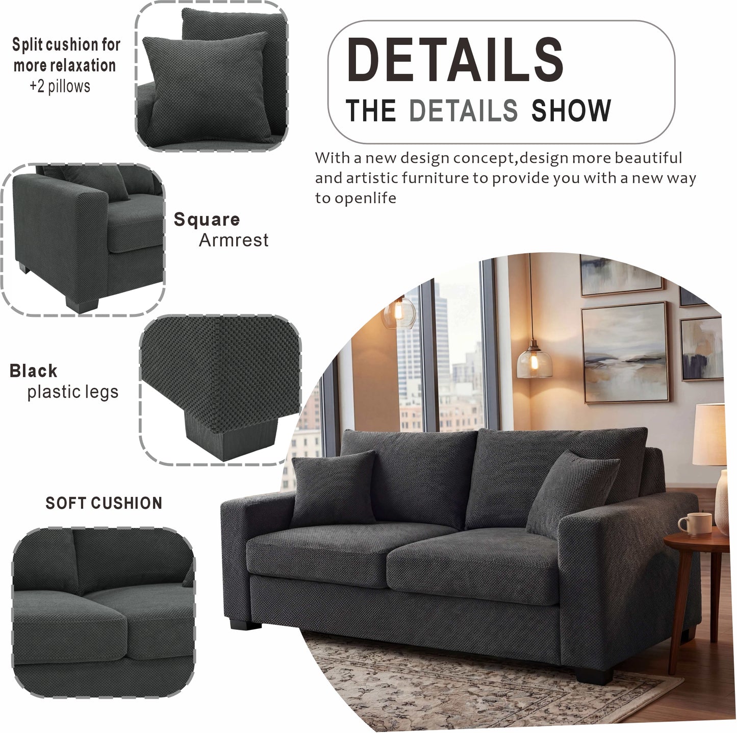 69-inch Two-seater Sofa With Textured Fabric, Comfortable Upholstered Couch With 2 Throw Pillows And Sturdy Plastic Legs For Living Room, Apartment, Office, Dark Grey