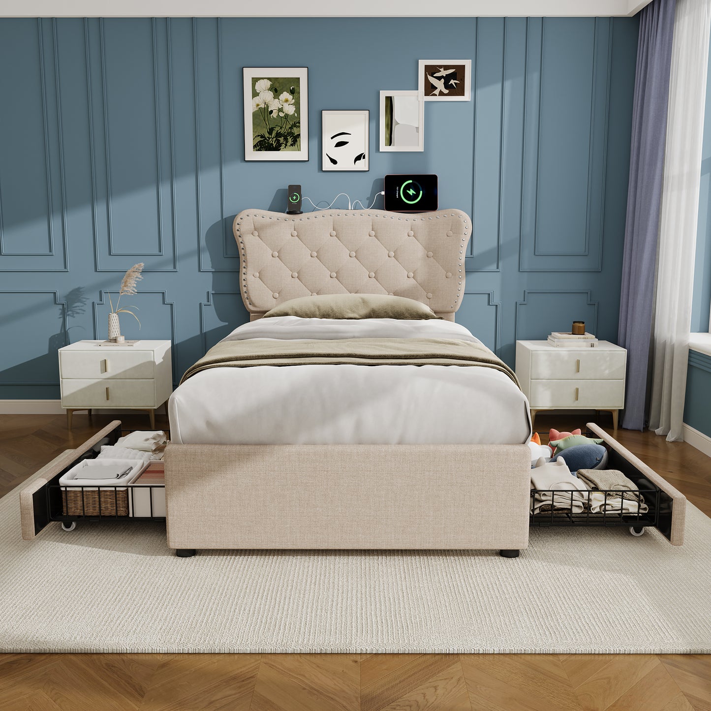 3ft Single Upholstered Bed With Rivet Design And Charging Station, Two Storage Drawers, Adjustable Button Tufted Headboard With USB & Type-C Ports, No Box Spring Needed, Linen, Beige No Mattress
