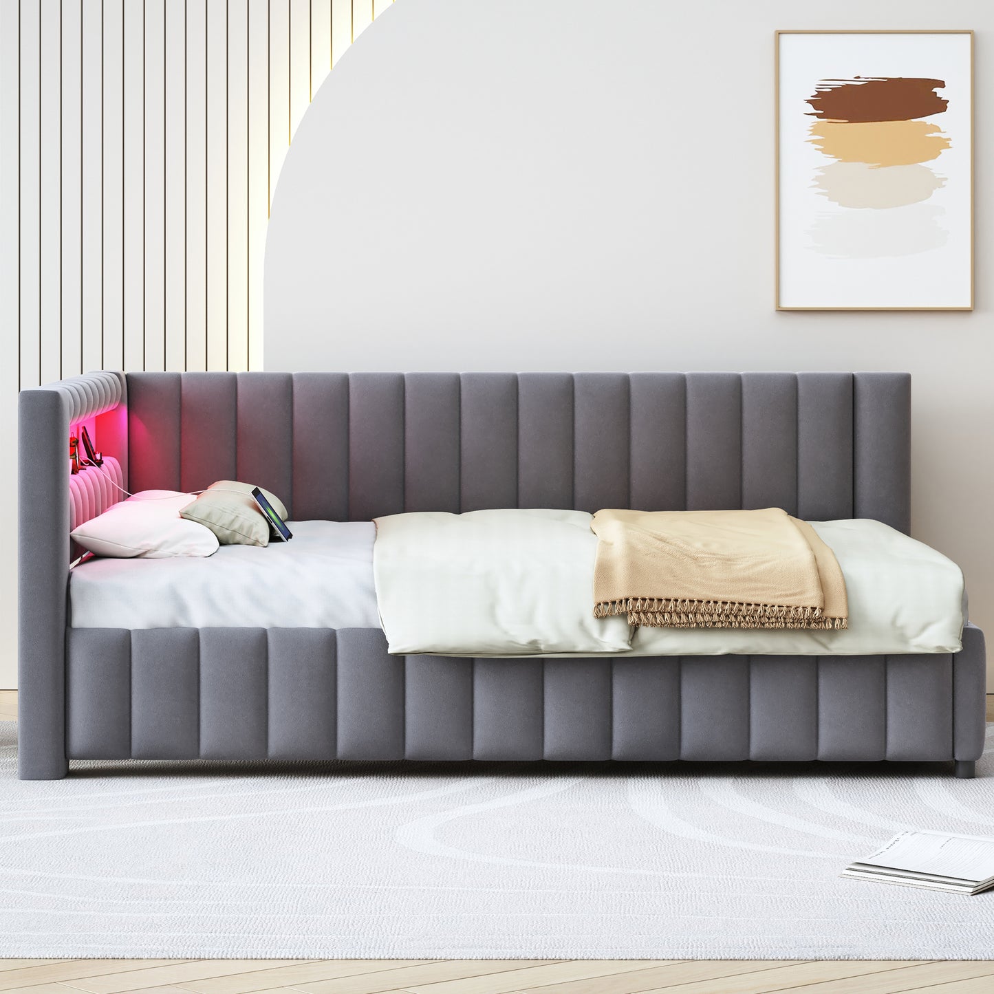 Upholstered Bed Sofa Bed 140x200, Upholstered In Velvet Fabric With LED Light And USB Charging Port, With Backrest, Headboard And Sturdy Bed Frame Grey