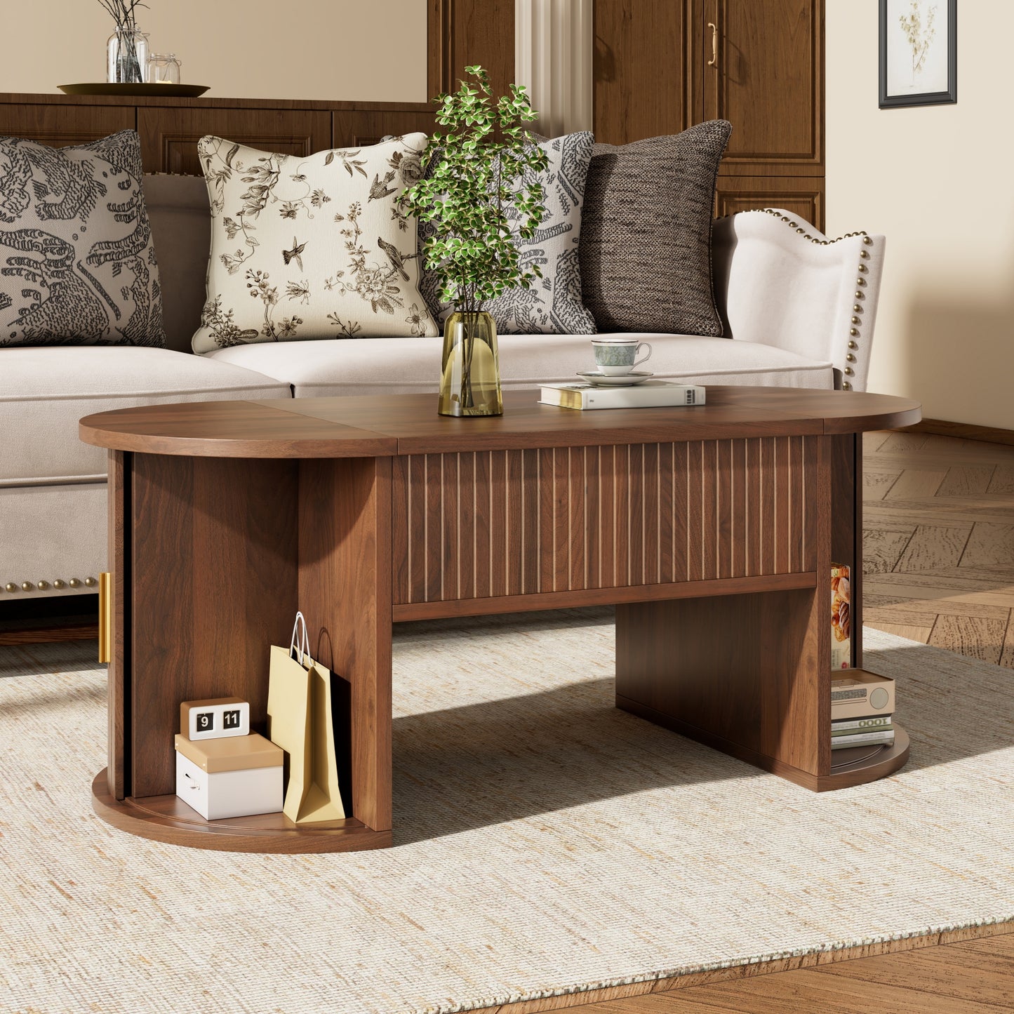 Modern Height Adjustable Coffee Table , Height Adjustable Coffee Table For Living Room , Open Shelves And Hidden Storage , Sliding Doors , Ideal For Small Homes And Home Offices