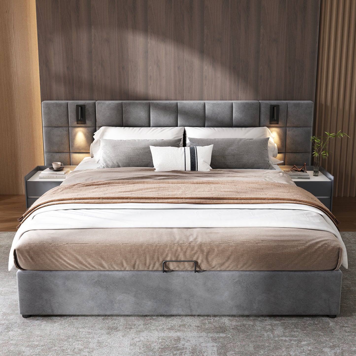 Upholstered Bed, King Size Bed-5ft 150x200cm , Hydraulic Storage Bed With Directional Lamp And USB Charging, Wide Headboard, Without Bedside Tables And Mattress, Velvet, Grey