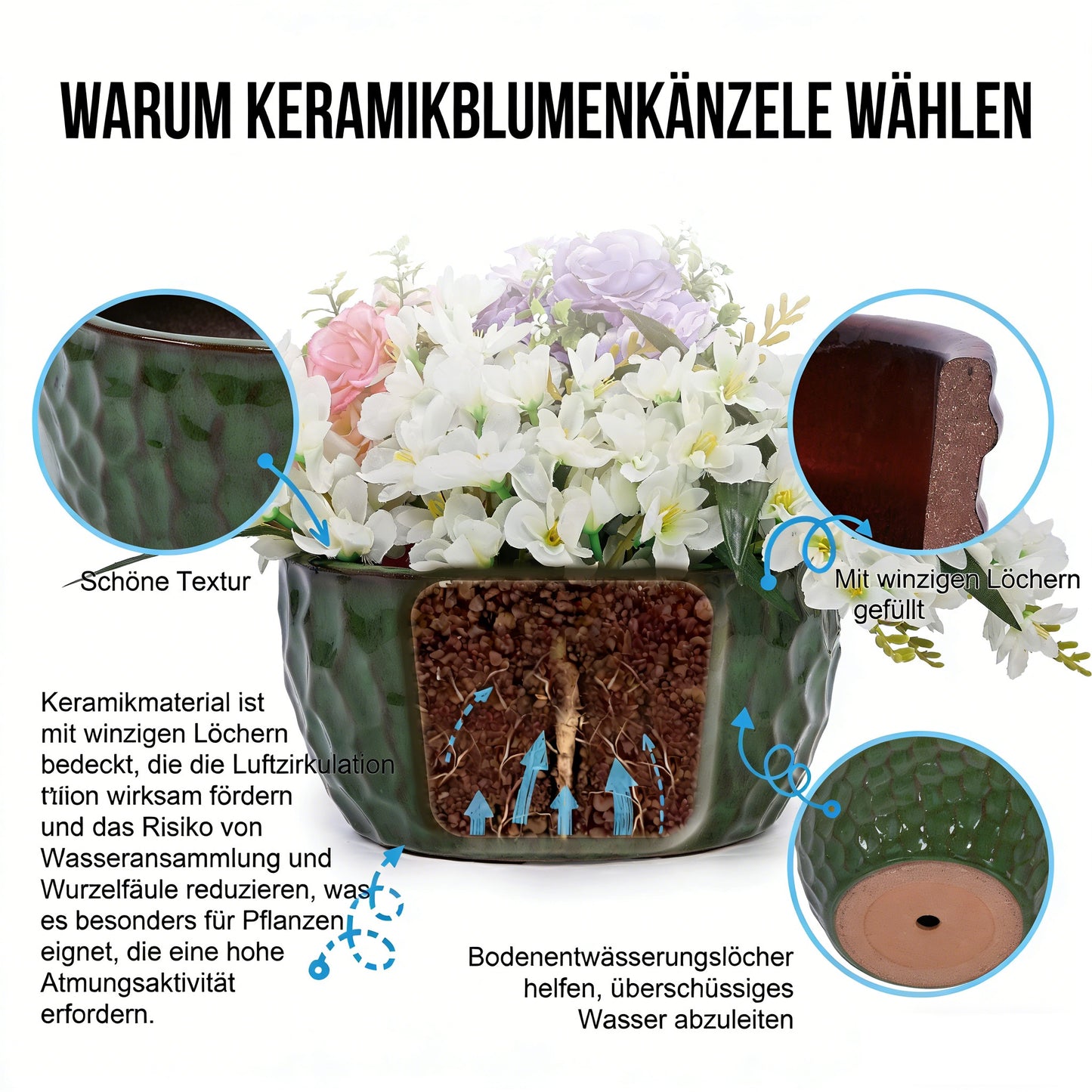 3-piece Handmade Glazed Ceramic Planter Set 38.1 30.5 25.4 Cm , Green, Hammer-patterned, Ideal For Bamboo Fig Tree, Indoor Outdoor, Breathable Earthenware With Drain Holes
