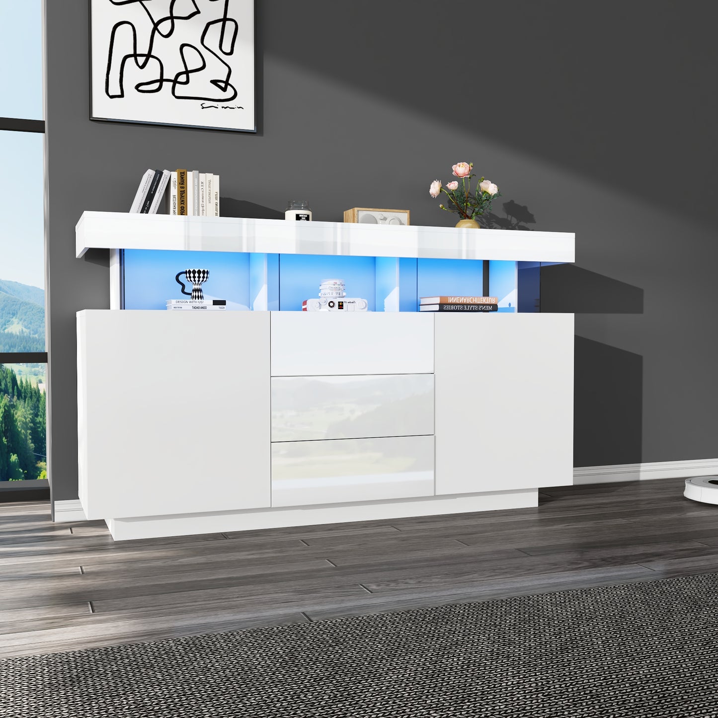 140 X 35 X 80 Cm Modern Sideboard, High-gloss Sideboard, Coffee Bar, Acrylic Sideboard With 16-color LED Light Strip, Suitable For Dining Room, Kitchen, Hallway White