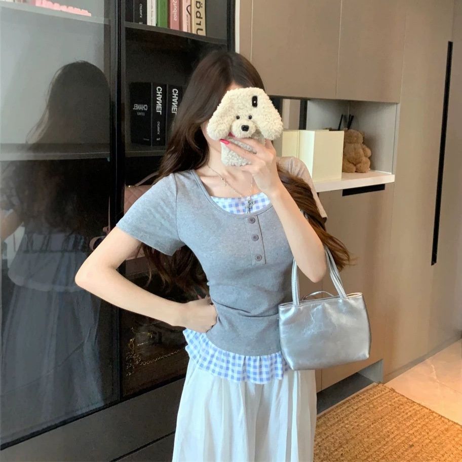 Korean-style Faux Two-piece Plaid Patchwork T-shirt For Women