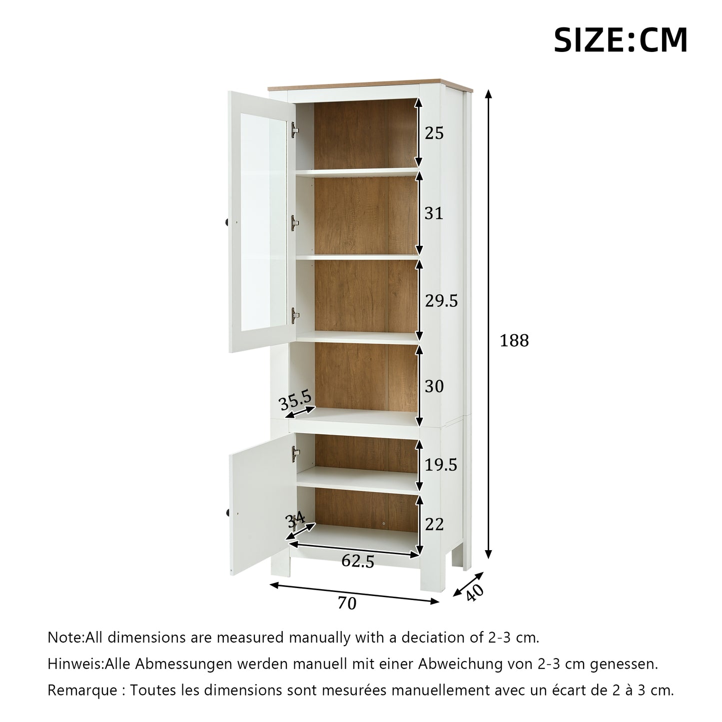 70 X 40 X 188 Cm Tall Cabinet, Freestanding Display Cabinet With 2 Cabinet Doors, Six Shelves, A Back Panel In Natural Wood Look, Adjustable Shelves, Glass Display Case With LED Lighting, White Natu