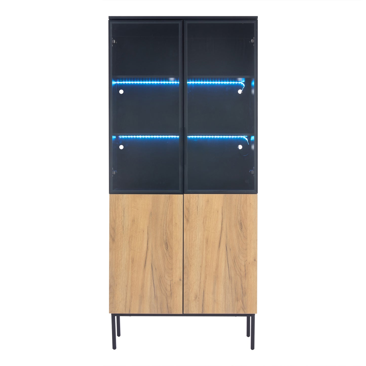 Glass-fronted Display Cabinet, 180 Cm High Cabinet With LED Lights, Bookcase, 5-tier Glass Display Case For Collectibles, Bookshelf, Office, Black Oak