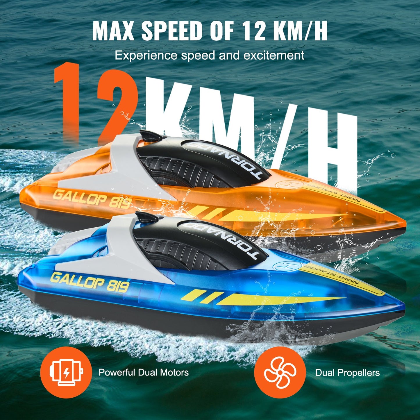 RC Boat, 2 Pack 2.4GHz 12 Km/h, Remote Control Boat For Pools & Lakes, Racing Boat With LED Light, 4 Rechargeable Batteries, Whole Body Waterproof, Gift For Adults Boys & Girls, Blue & Orange
