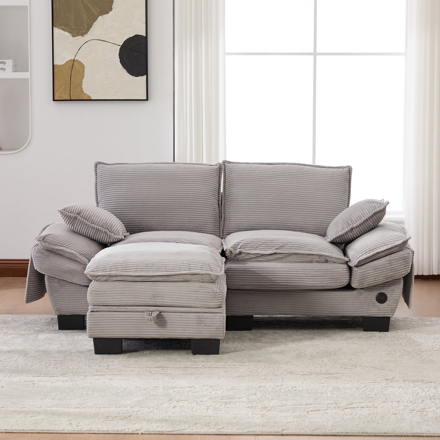 Modular 2-seater Corduroy Sofa With Stool Wide Seat, Ergonomic Design, High-density Foam Padding, USB-C Port And Side Pockets. Ideal For The Living Room, Office Or Lounge.Light Grey